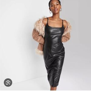 Wild Fable black stretch faux leather midi slip dress L NWT